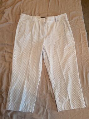 White and Blue Pinstriped Casual Cropped Pants